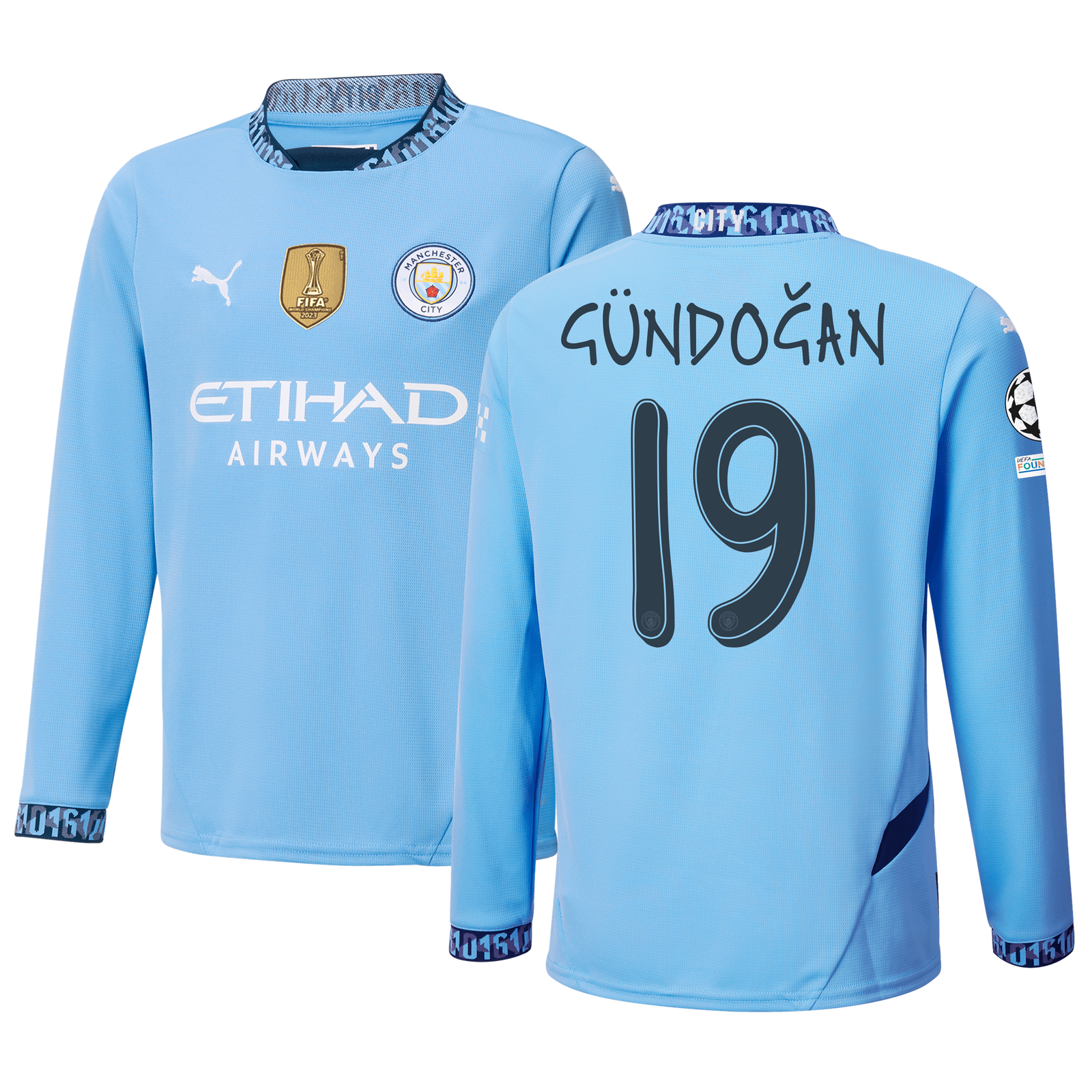 Kids Manchester City Home Jersey 2024 25 Long Sleeve With GUNDO AN 19 Printing Official Man City Store