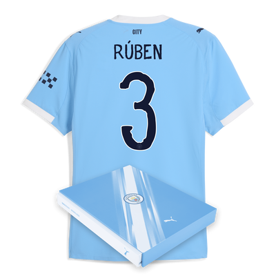 Camiseta local auténtica del Manchester City 2025/26 con estampado RÚBEN 3 en caja de regalo