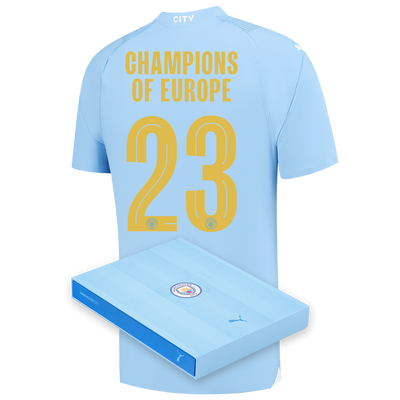 Manchester City Authentic Home Jersey 2023/24 with CHAMPIONS OF EUROPE 23 printing in Gift Box