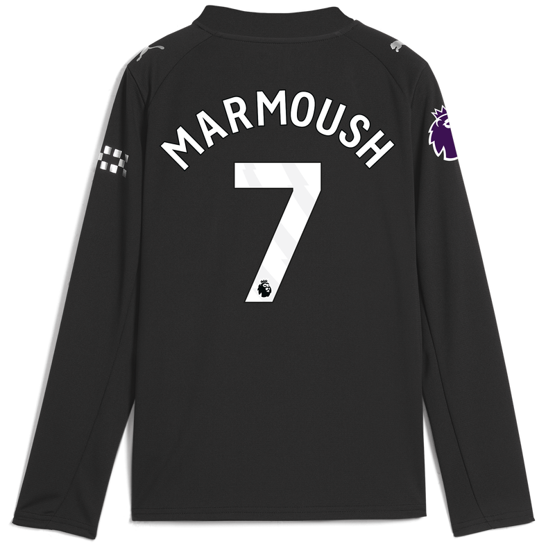 Kids' Man City Away Jersey 2025/26 Long Sleeve With MARMOUSH 7 Printing black - Check out all Manchester City t-shirts online
