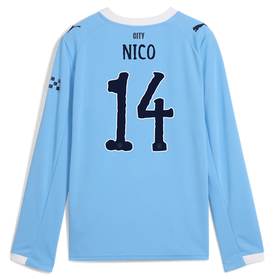 Camiseta local de manga larga para niños del Manchester City 2025/26 con estampado NICO 14