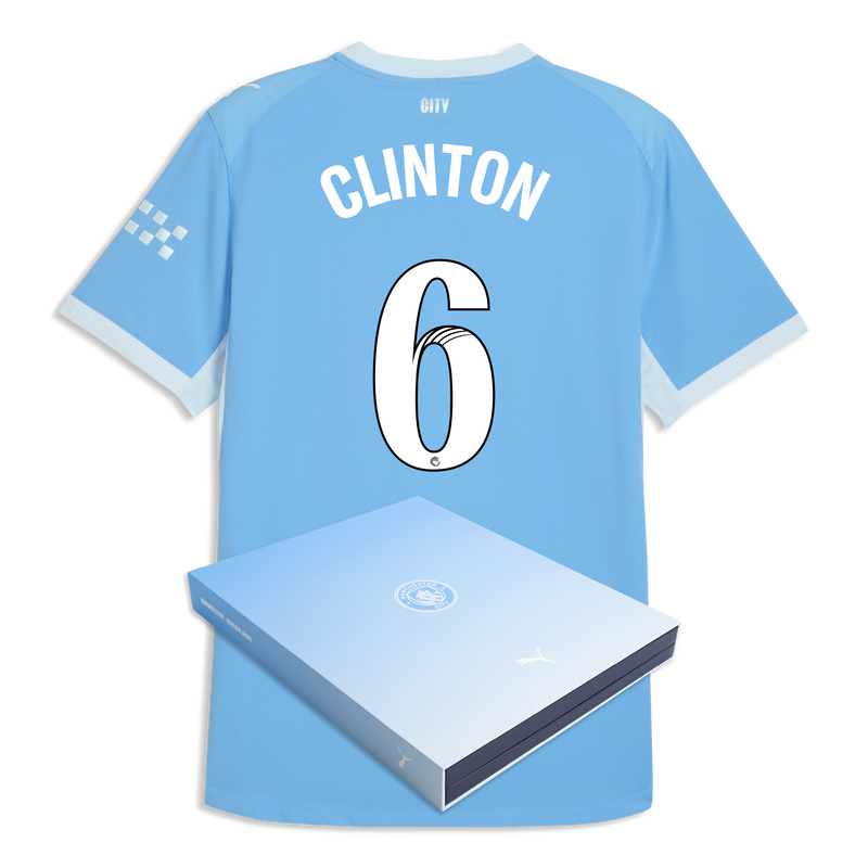 Man City Home Authentic Jersey 2026/27 With CLINTON 6  Printing in Gift Box  blue-icy blue - Size L from polyester for males