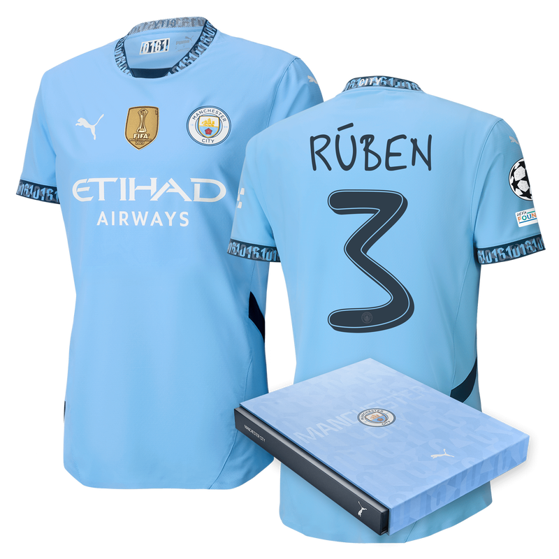 Man City Authentic Home Jersey 24/25 with RÚBEN 3 printing in Gift Box  blue - Check out all Manchester City t-shirts online