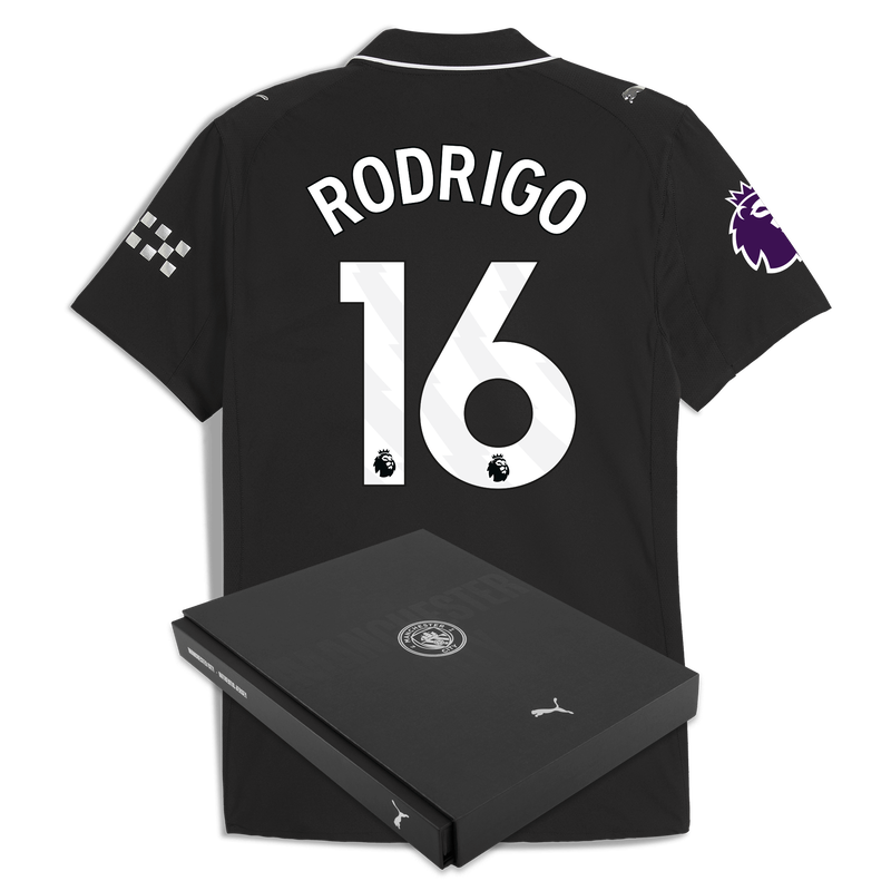 Man City Away Authentic Jersey 2025/26 With RODRIGO 16 Printing in Gift Box black - Check out all Manchester City t-shirts online