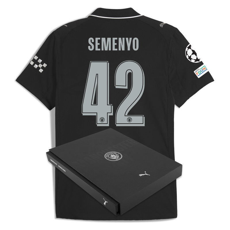 Man City Away Authentic Jersey 2025/26 With SEMENYO 42 Printing in Gift Box black - Check out all Manchester City t-shirts online