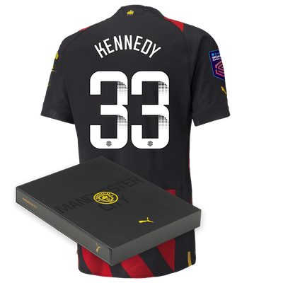 Camiseta Authentic 2ª Equipación Manchester City 2022/23 con estampado de KENNEDY 33 en caja de regalo