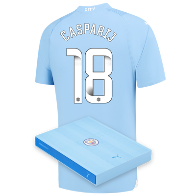 Camiseta Authentic 1ª Equipación Manchester City 2023/24 con estampado de CASPARIJ 18 en caja de regalo