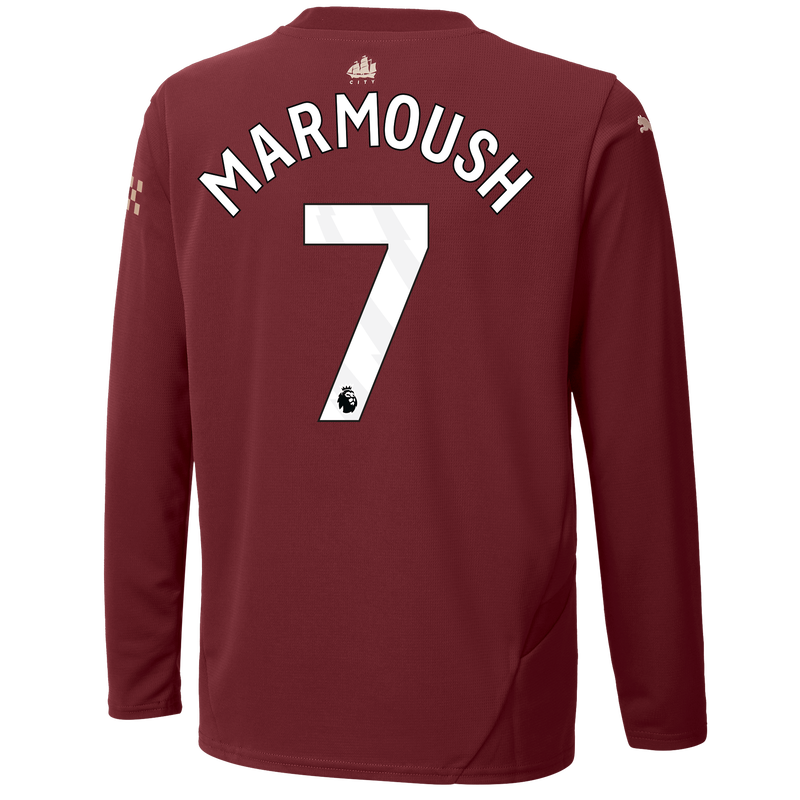 Kids' Man City 3rd Jersey 24/25 Long Sleeve  With MARMOUSH 7 Printing burgundy - Check out all Manchester City t-shirts online