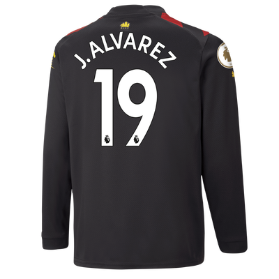 Kids' Manchester City Away Jersey 2022/23 long sleeve with J. ALVAREZ printing