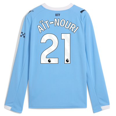 Kids' Manchester City Home Jersey 2025/26 Long Sleeve With AÏT-NOURI 21 Printing