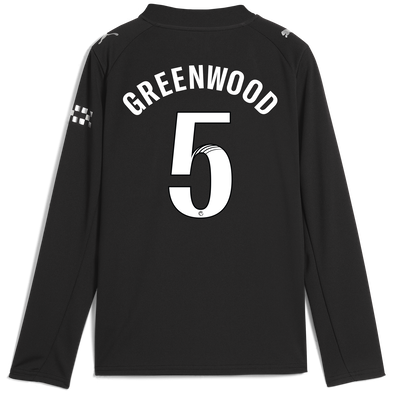 Kids' Manchester City Away Jersey 2025/26 Long Sleeve With GREENWOOD 5 Printing