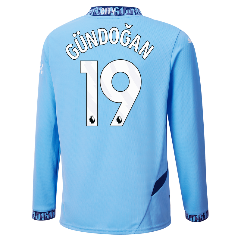 Kids' Man City Home Jersey 24/25 Long Sleeve  With GÜNDOĞAN 19 Printing  blue - Check out all Manchester City t-shirts online