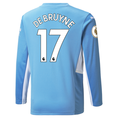 Kids Manchester City Home Longsleeve Shirt 21/22 with Kevin de Bruyne printing