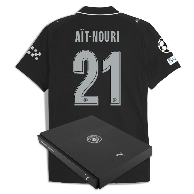 Man City Away Authentic Jersey 2025/26 With AÏT-NOURI 21 Printing in Gift Box black - Check out all Manchester City t-shirts online
