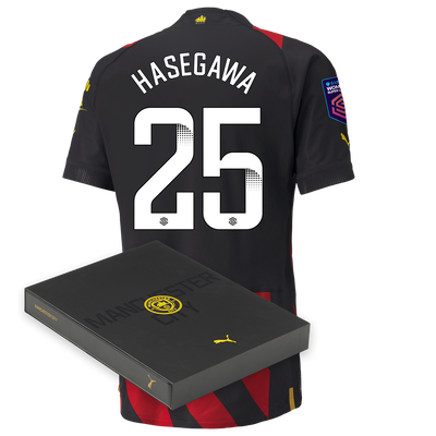 Camiseta Authentic 2ª Equipación Manchester City 2022/23 con estampado de HASEGAWA 25 en caja de regalo