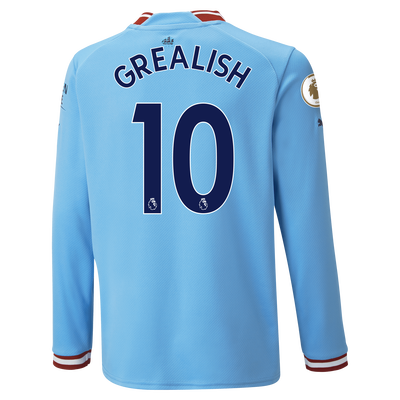 Kids' Manchester City Home Jersey 22/23 Long Sleeve with GREALISH 10 printing