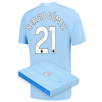 Camiseta Authentic 1ª Equipación Manchester City 2023/24 con estampado de SERGIO GÓMEZ 21 en caja de regalo