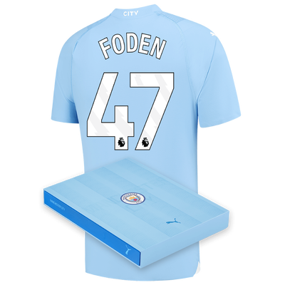 Camiseta Authentic 1ª Equipación Manchester City 2023/24 con estampado de FODEN 47 en caja de regalo