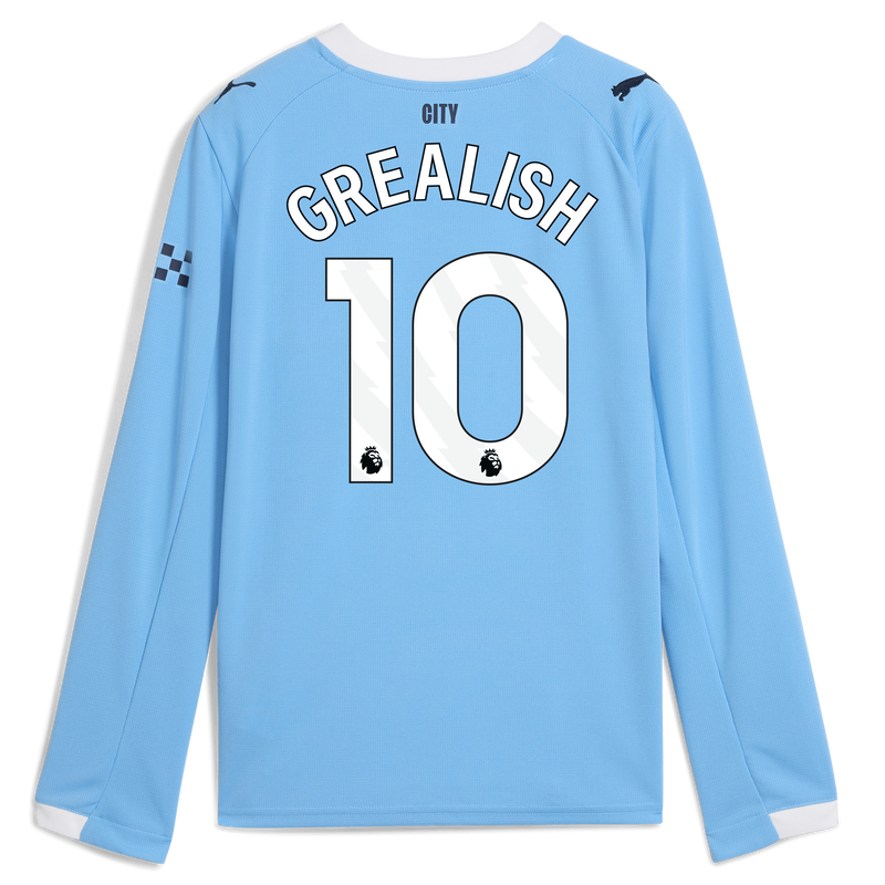 Kids' Man City Home Jersey 2025/26 Long Sleeve With GREALISH 10 Printing  blue unisex - Size 9/10 from polyester  - Official Manchester City FC store