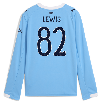 Kids' Manchester City Home Jersey 2025/26 Long Sleeve With LEWIS 82 Printing