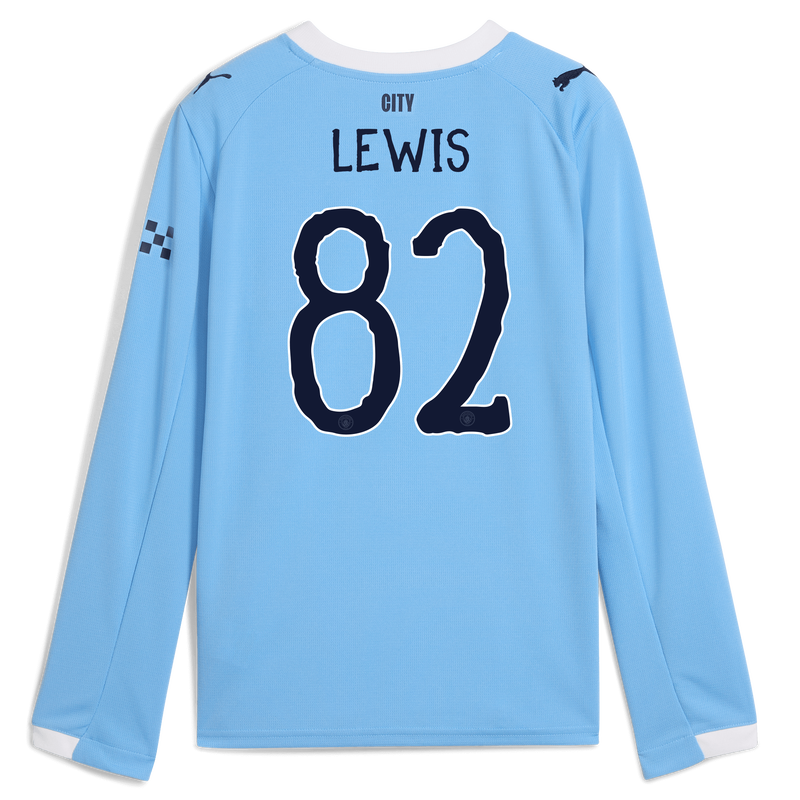 Kids' Man City Home Jersey 2025/26 Long Sleeve With LEWIS 82 Printing  blue unisex - Size 5/6 from polyester  - Official Manchester City FC store