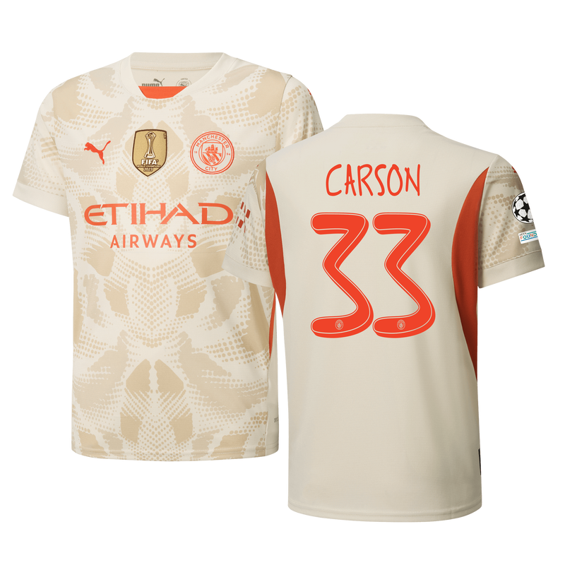 Kids Manchester City Goalkeeper Jersey 2024 25 With CARSON 33 Printing Official Man City Store