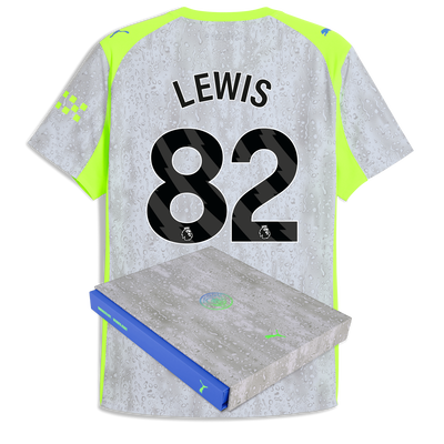 Maillot third authentique de Manchester City 2025/26 avec impression LEWIS 82 dans une boîte cadeau