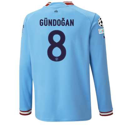 Kids' Manchester City Home Jersey 22/23 Long Sleeve with GÜNDOĞAN 8 printing