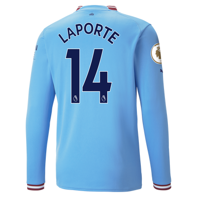 Manchester City Home Jersey 22/23 Long Sleeve with LAPORTE 14 printing