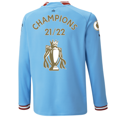 Kids' Manchester City Home Jersey 22/23 Long Sleeve with CHAMPIONS 22 printing