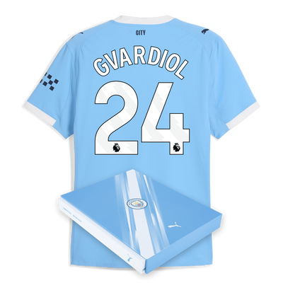 Maillot domicile authentique Manchester City 2025/26 avec impression GVARDIOL 24 dans une boîte cadeau