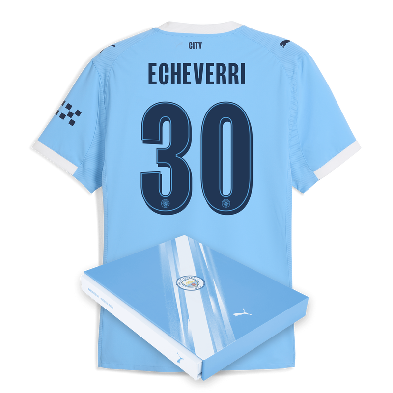 Manchester City Authentiek Thuisshirt 2025/26 met ECHEVERRI 30 bedrukking in geschenkdoos  blauw - Maat M van polyester voor heren