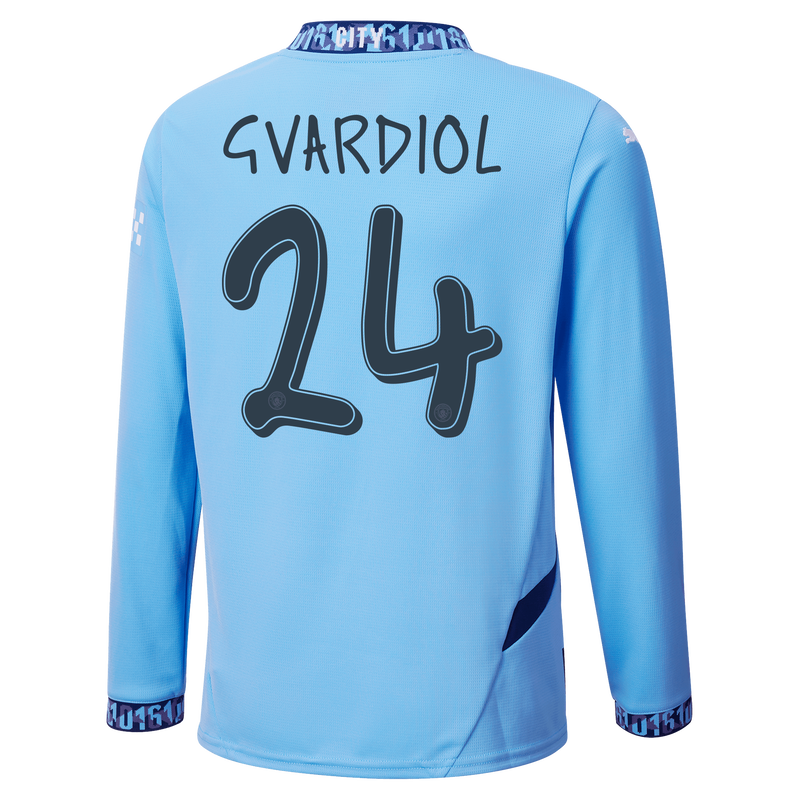 Kids Manchester City Home Jersey 2024 25 Long Sleeve With GVARDIOL 24 Printing Official Man City Store