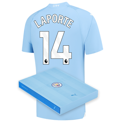 Camiseta Authentic 1ª Equipación Manchester City 2023/24 con estampado de LAPORTE 14 en caja de regalo
