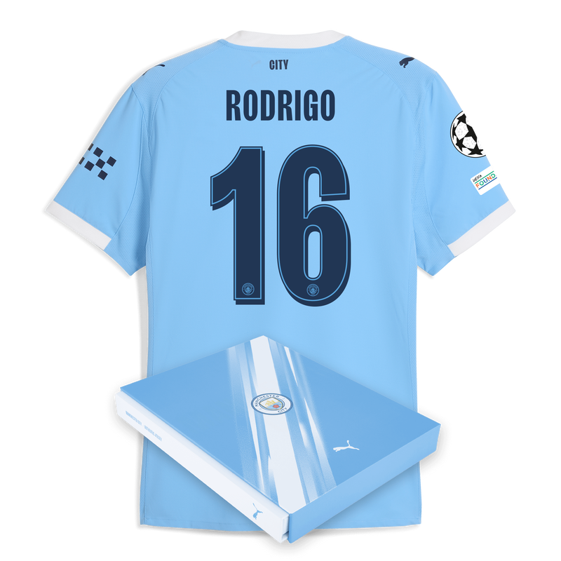 Man City Home Authentic Jersey 2025/26 With RODRIGO 16 Printing in Gift Box  blue - Size L from polyester for males  - Official Manchester City FC store