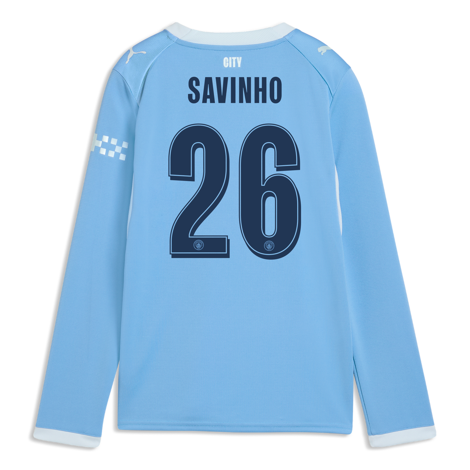 Kids' Manchester City Home Jersey 2026/27 Long Sleeve With SAVINHO