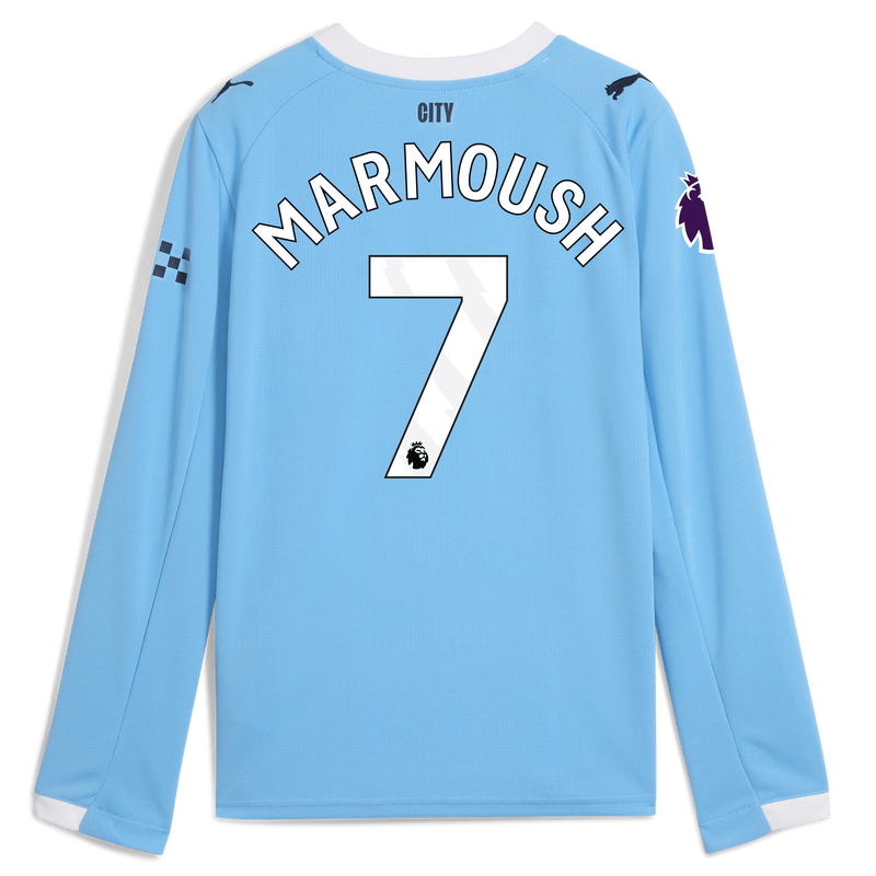 Kids' Man City Home Jersey 2025/26 Long Sleeve With MARMOUSH 7 Printing  blue unisex - Size 7/8 from polyester  - Official Manchester City FC store