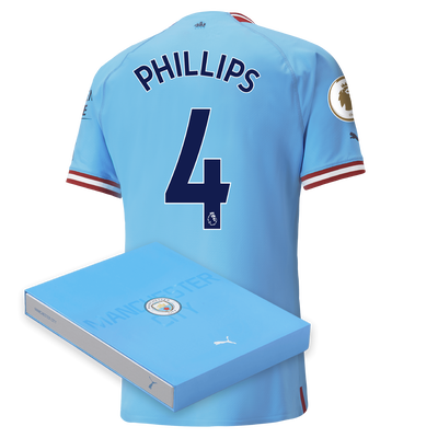 Camiseta Authentic 1ª Equipación Manchester City 2022/23 con estampado de PHILLIPS 4 en caja de regalo