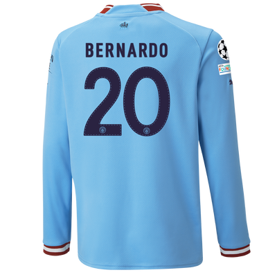 Kids' Manchester City Home Jersey 22/23 Long Sleeve with BERNARDO 20 printing