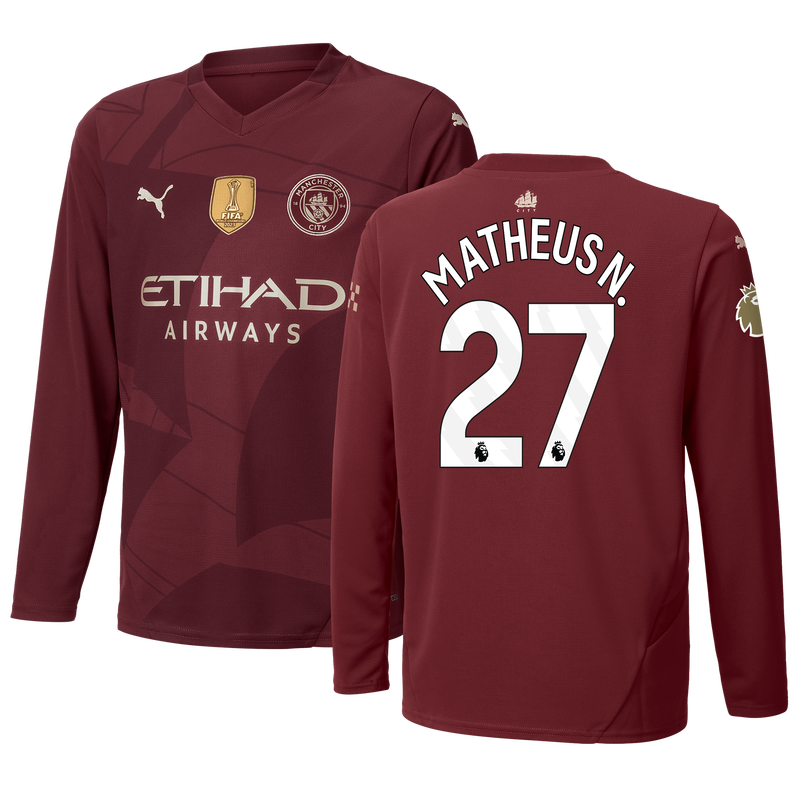 Kids' Man City 3rd Jersey 24/25 Long Sleeve  With MATHEUS N. 27 Printing burgundy - Check out all Manchester City t-shirts online