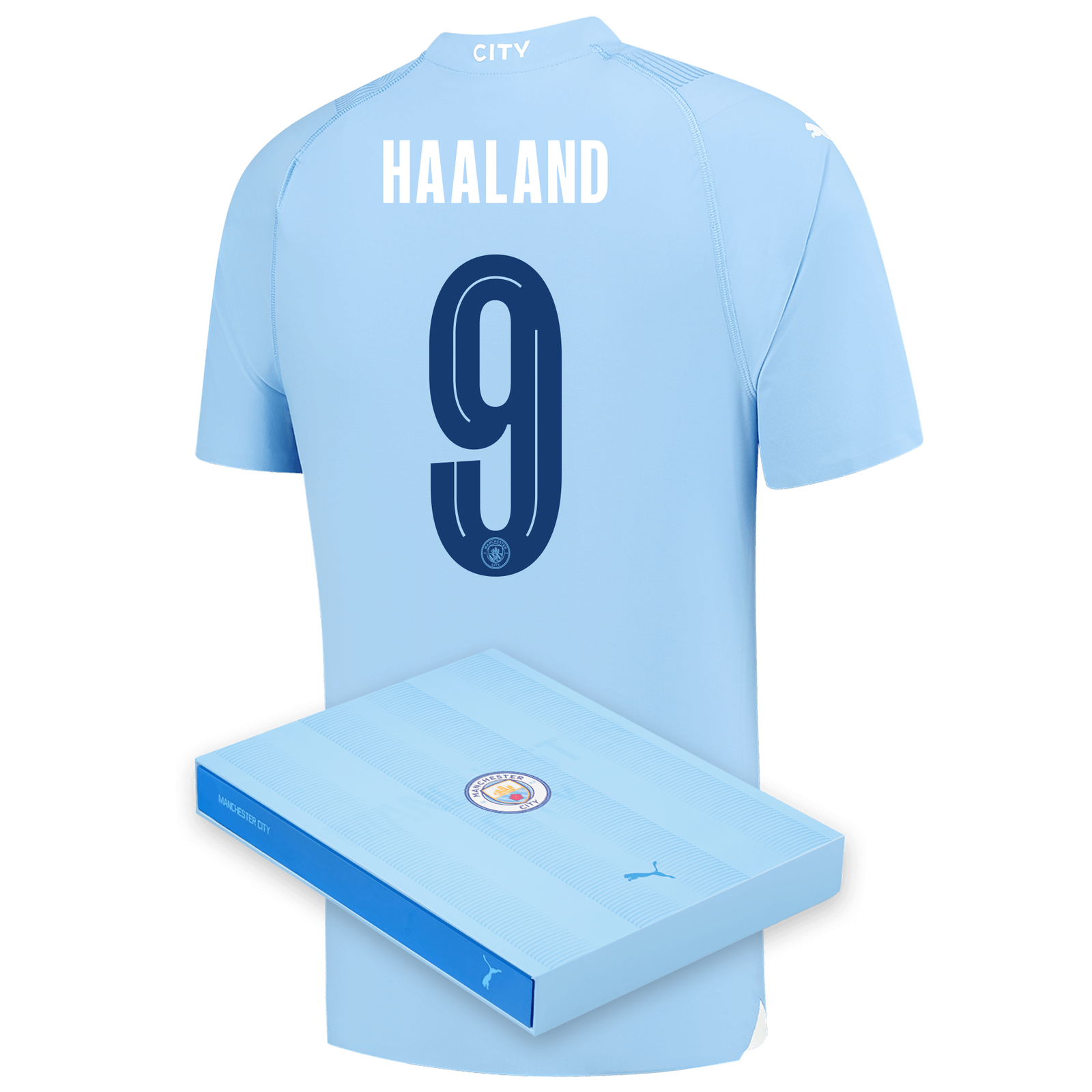 Camiseta Authentic 1ª Equipación Manchester City 2023/24 con estampado de  HAALAND 9 en caja de regalo