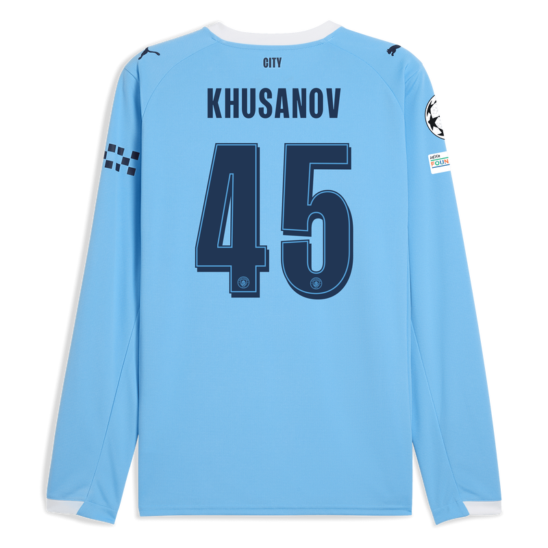 Man City Home Jersey 2025/26 Long Sleeve With KHUSANOV 45 Printing  blue - Size 3XL from polyester for males  - Official Manchester City FC store