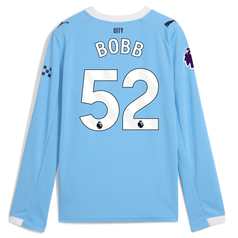 Kids' Man City Home Jersey 2025/26 Long Sleeve With BOBB 52 Printing  blue - Check out all Manchester City t-shirts online