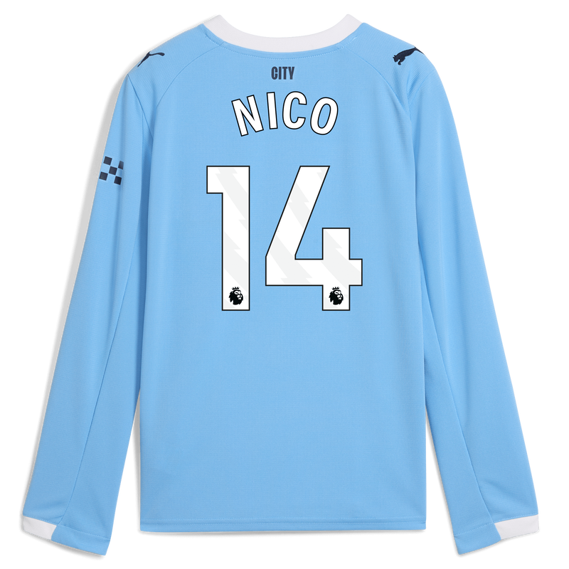 Kids' Man City Home Jersey 2025/26 Long Sleeve With NICO 14 Printing  blue unisex - Size 15/16 from polyester  - Official Manchester City FC store