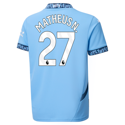 Kids' Manchester City Home Jersey 2024/25 With MATHEUS N. 27 Printing
