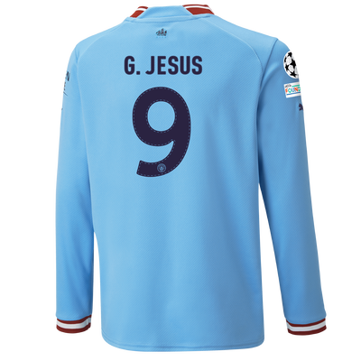 Kids' Manchester City Home Jersey 22/23 Long Sleeve with G JESUS 9 printing