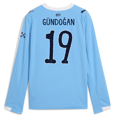 Kids' Manchester City Home Jersey 2025/26 Long Sleeve With GÜNDOĞAN 19 Printing