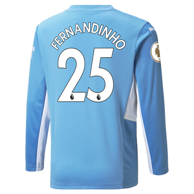 Kids Manchester City Home Longsleeve Shirt 21/22 with Fernandinho printing