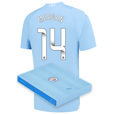 Camiseta Authentic 1ª Equipación Manchester City 2023/24 con estampado de MORGAN 14 en caja de regalo