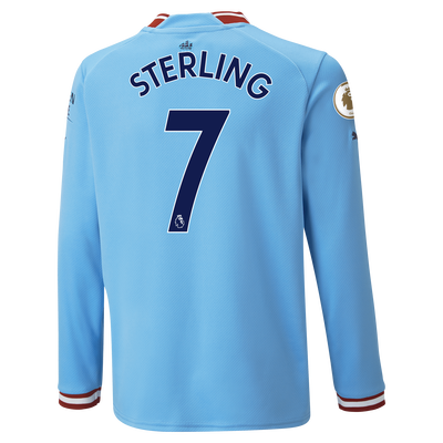 Kids' Manchester City Home Jersey 22/23 Long Sleeve with STERLING 7 printing